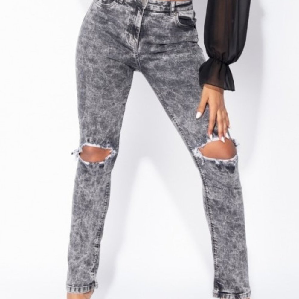 Grey Acid Distressed Straight Leg Jeans